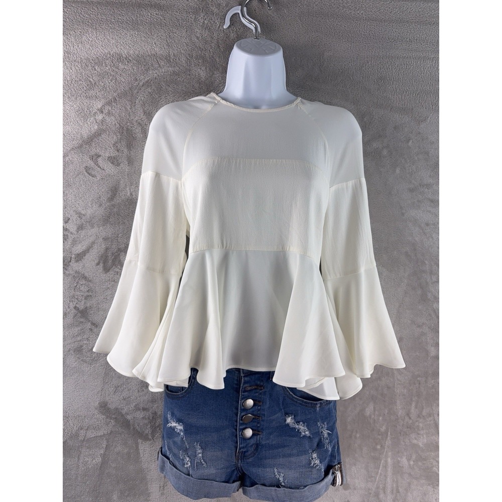 ALEXIS Blouse Womens Size Small Cream Bell Sleeve Peplum Boho‎ Romantic Top